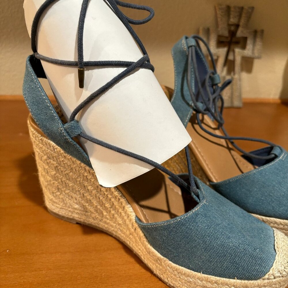 New Denim lace up crochet wedge